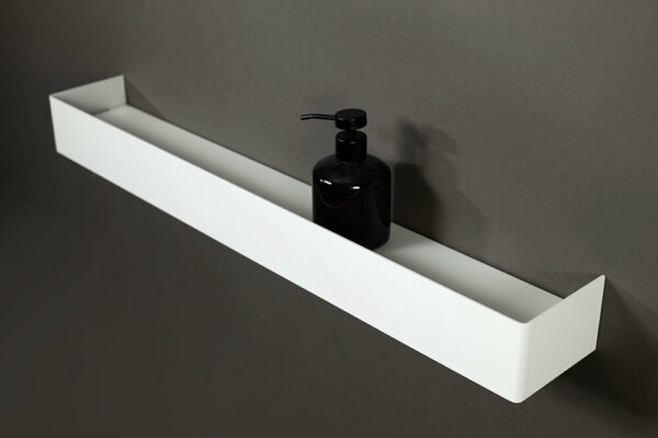 white aluminum shower shelf – minimalist wall-mounted bathroom rack by IMOdesign